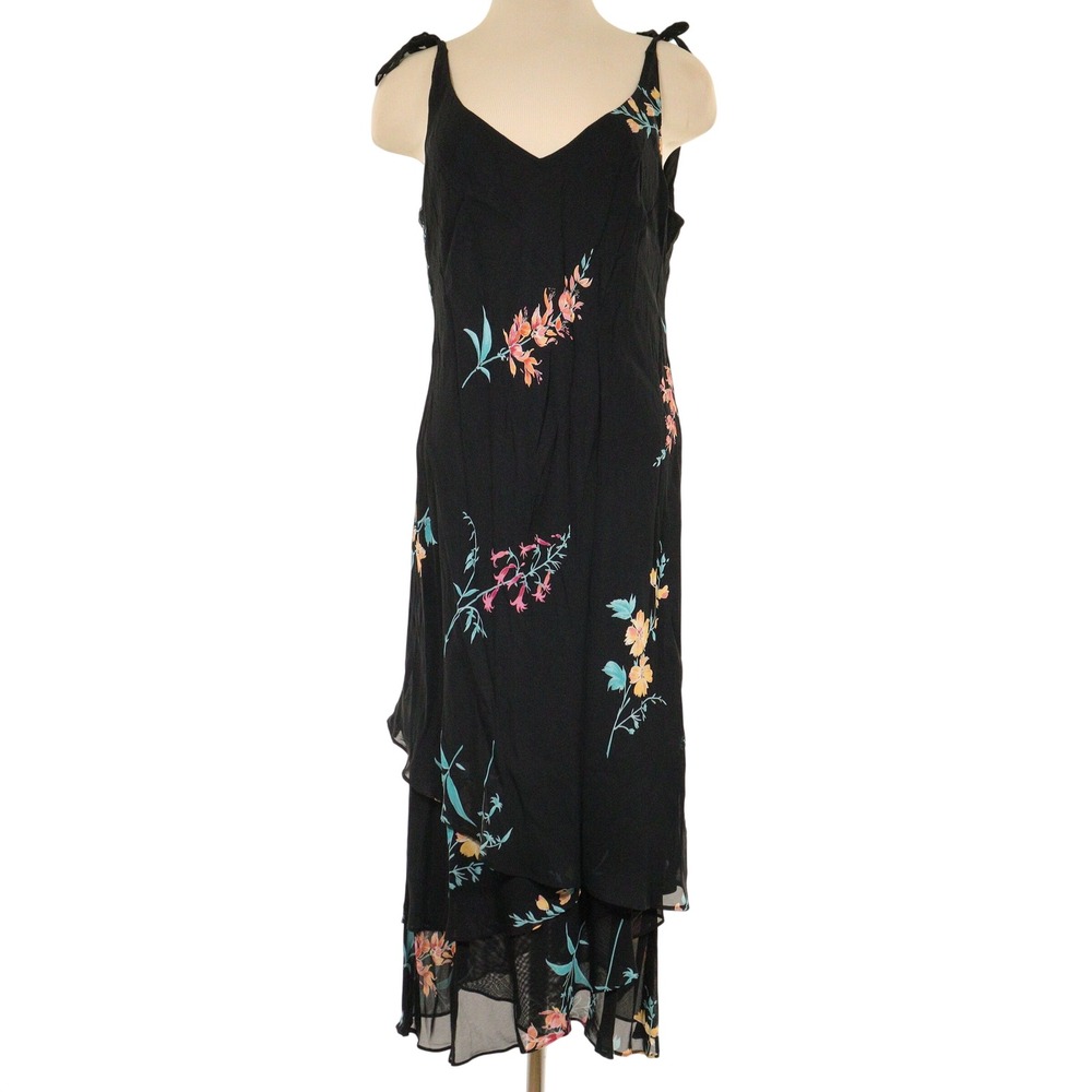Evan-Picone Dress Floral Layered Tiered Tie‎ Shoulder Black Coctail Women 12P